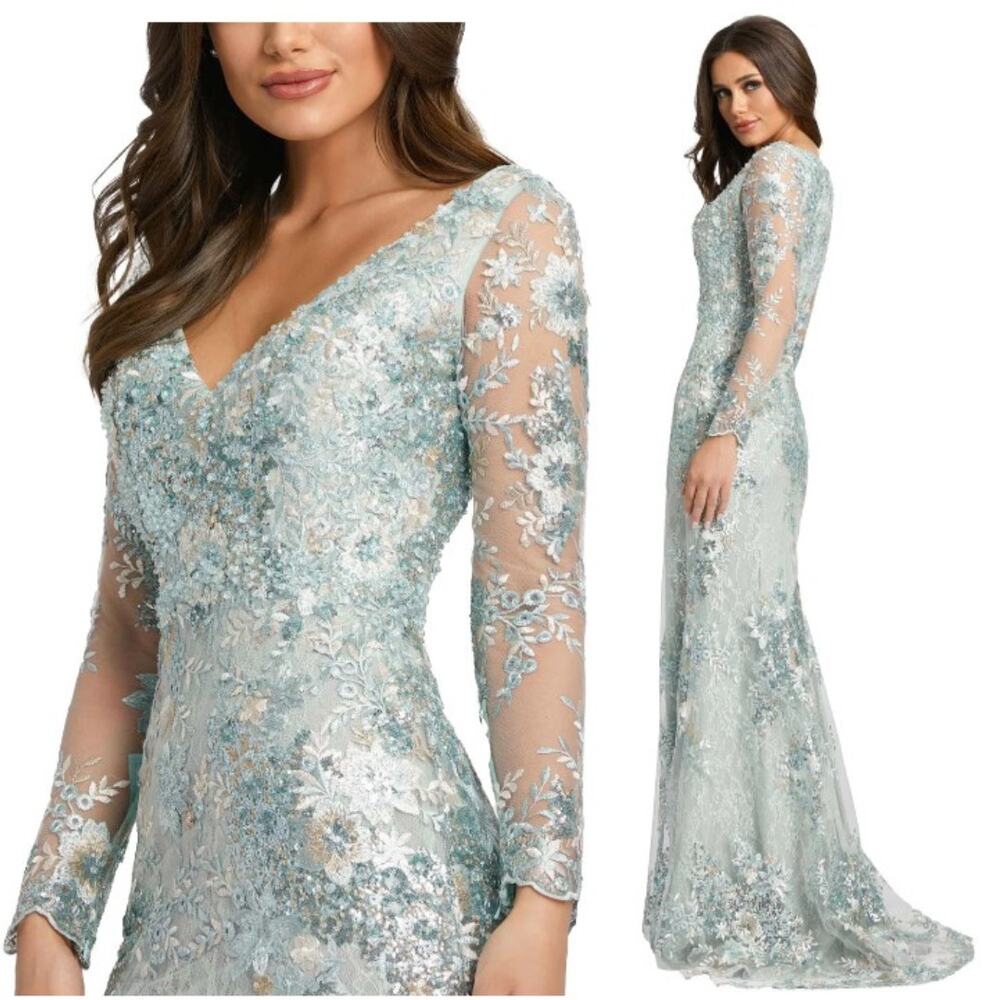 Mac Duggal 67539 Sea Mist Embellished Illusion V Neck Long Sleeve Gown 14 $698